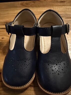 Navy T-Strap Kids Dress Shoes with Perforated Detail